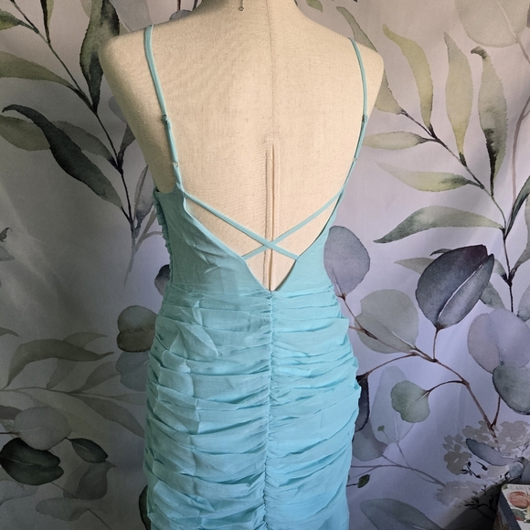 ASOS | Ruched Front High Low Frill Maxi Prom Dress in Aqua sz 4 - Picture 3 of 10